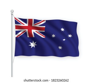 3d waving flag Australia on flagpole Isolated on white background.