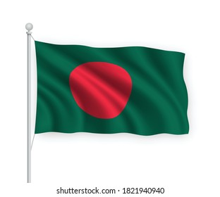 3d waving flag Bangladesh on flagpole Isolated on white background.