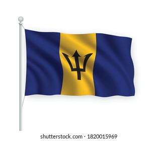 3d waving flag Barbados on flagpole Isolated on white background.