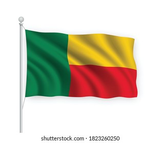3d waving flag Benin on flagpole Isolated on white background.