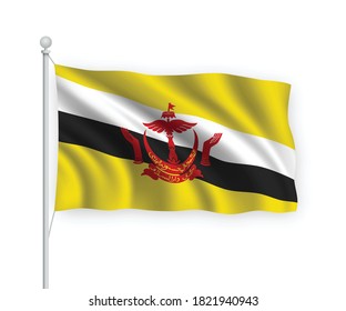 3d waving flag Brunei on flagpole Isolated on white background.