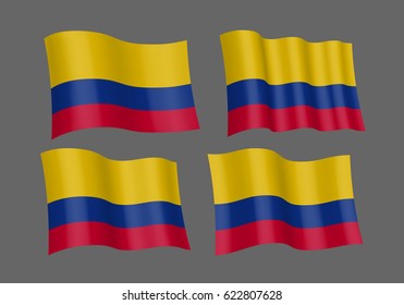 3D Waving flag of Colombia. Vector illustration. Isolated on grey background. Design element. Official colors and proportion correctly. Of The National Flag. The silky fabric.