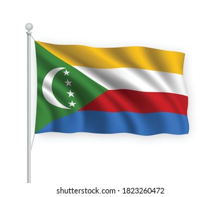3d waving flag Comoros on flagpole Isolated on white background.