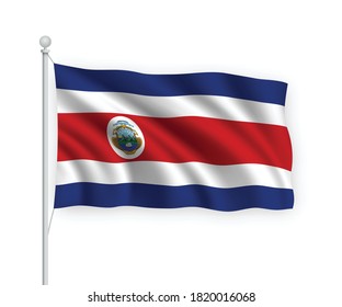 3d waving flag Costa Rica on flagpole Isolated on white background.