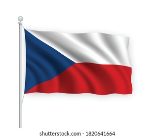 3D schwenkbare Flagge Tschechische Republik auf Fahnenmast einzeln auf weißem Hintergrund.