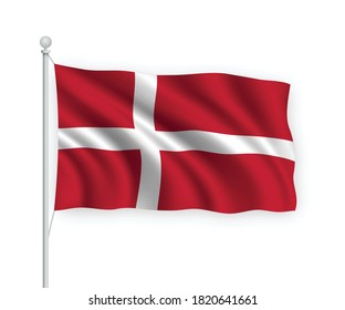 3d waving flag Denmark on flagpole Isolated on white background.