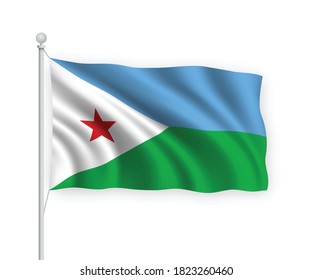 3d waving flag Djibouti on flagpole Isolated on white background.