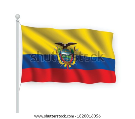 3d waving flag Ecuador on flagpole Isolated on white background.