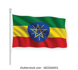 3d waving flag Ethiopia on flagpole Isolated on white background.