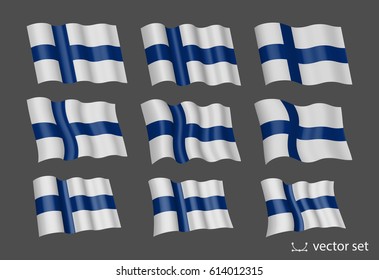 3D Waving flag of Finland. Vector illustration. Isolated on grey background. Design element. Official colors and proportion correctly. Of The National Flag.