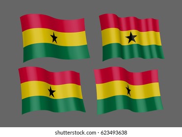 3D Waving flag of Ghana . Vector illustration. Isolated on grey background. Design element. Official colors and proportion correctly. Of The National Flag. The silky fabric.