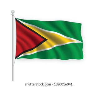 3d waving flag Guyana on flagpole Isolated on white background.