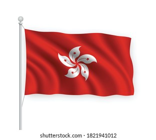 3D schwenkbare Flagge Hongkong auf Fahnenmast einzeln auf weißem Hintergrund.