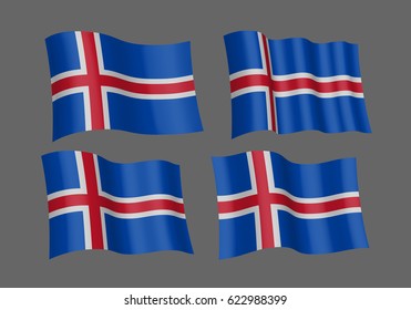 3D Waving flag of Iceland. Vector illustration. Isolated on grey background. Design element. 