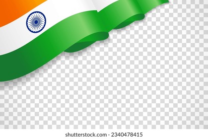 3d waving flag of India on transperent background. Realistic Indian wavy flag for Independence day, 15th of August. National symbol blue Ashoka wheel. Vector illustration