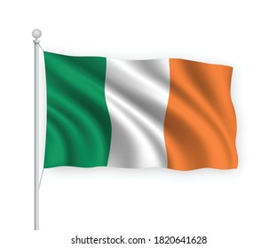 3d waving flag Ireland on flagpole Isolated on white background.