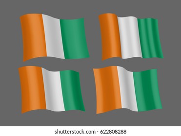 3D Waving flag of Ivory Coast. Vector illustration. Isolated on gray background. Design element. The silky fabric.