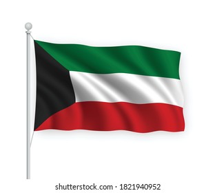 3d waving flag Kuwait on flagpole Isolated on white background.