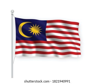3d waving flag Malaysia on flagpole Isolated on white background.