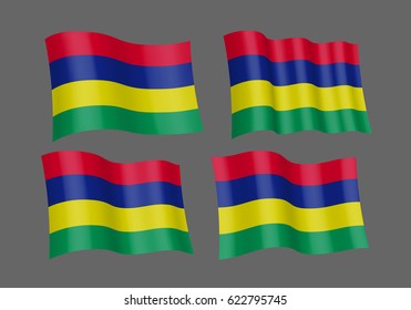 3D Waving flag of Mauritius. Vector illustration. Isolated on gray background. Design element. The silky fabric.