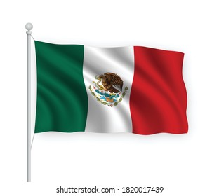 3d waving flag Mexico on flagpole Isolated on white background.