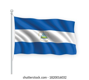 3d waving flag Nicaragua on flagpole Isolated on white background.