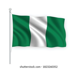 3d waving flag Nigeria on flagpole Isolated on white background.