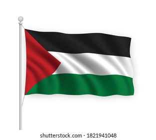 3D-wehende Flagge Palästina auf Fahnenmast einzeln auf weißem Hintergrund.