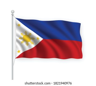 3d waving flag Philippines on flagpole Isolated on white background.