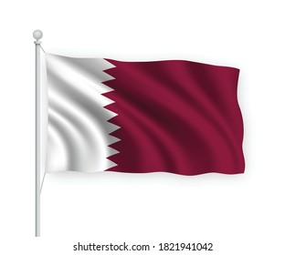 3d waving flag Qatar on flagpole Isolated on white background.