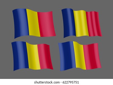 3D Waving flag of Romania. Vector illustration. Isolated on gray background. Design element. The silky fabric.