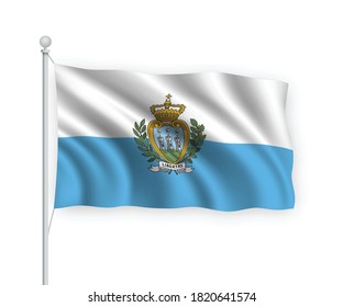 3d waving flag San Marino on flagpole Isolated on white background.