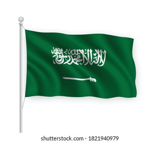 3d waving flag Saudi Arabia on flagpole Isolated on white background.