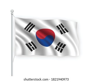 3d waving flag South Korea on flagpole Isolated on white background.