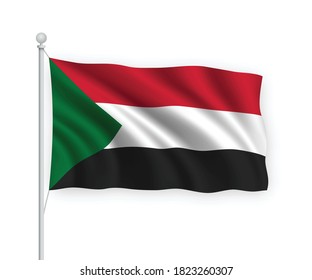 3d waving flag Sudan on flagpole Isolated on white background.