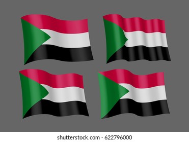 3D Waving flag of Sudan. Vector illustration. Isolated on gray background. Design element. The silky fabric.