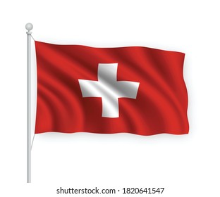 3D-Winkelflagge Schweiz auf Fahnenmast einzeln auf weißem Hintergrund.