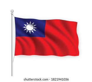 3d waving flag Taiwan on flagpole Isolated on white background.