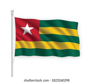 3d waving flag Togo on flagpole Isolated on white background.
