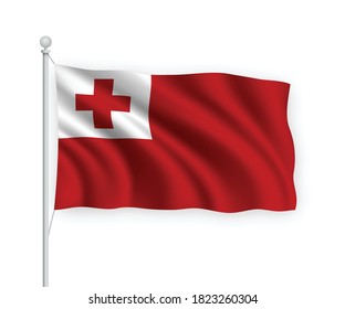 3d waving flag Tonga on flagpole Isolated on white background.