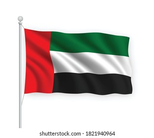 3d waving flag United Arab Emirates on flagpole Isolated on white background.