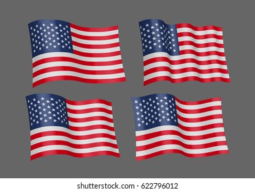 3D Waving flag of the United States. Vector illustration. Isolated on gray background. Design element. The silky fabric.