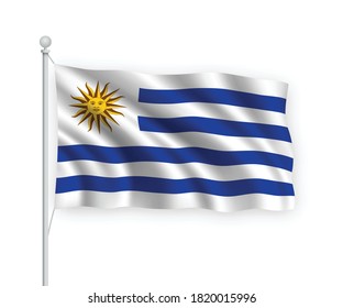3d waving flag Uruguay on flagpole Isolated on white background.