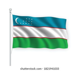 3d waving flag Uzbekistan on flagpole Isolated on white background.