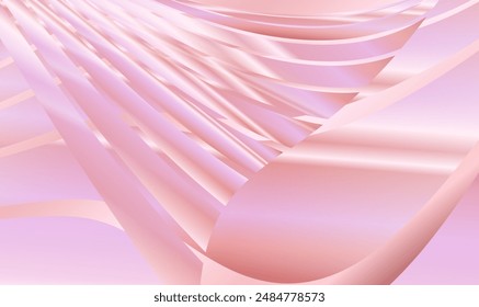 3D waving metallic pink gold silk ribbon background. Shiny silk satin soft textile flowing texture on wind air. Luxury elegant background abstraction fabric for grand opening ceremony. Premium Vector.