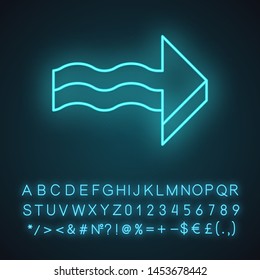3d wavy arrow neon light icon. Rightward direction. Pointing arrowhead. Navigation pointer, indicator. Direction move. Glowing sign with alphabet, numbers and symbols. Vector isolated illustration