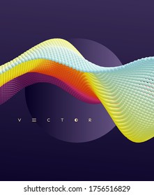 3D wavy background. Array with dynamic emitted particles. A wave formed from many spheres. Abstract vector illustration. Design template. Modern pattern.