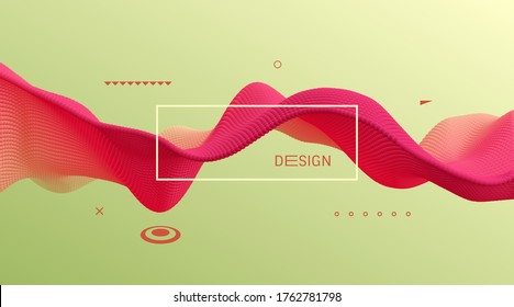 3D wavy background. Array with dynamic emitted particles. A wave formed from many spheres. Abstract vector illustration. Design template. Modern pattern.