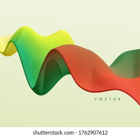 3D wavy background. Array with dynamic emitted particles. A wave formed from many spheres. Abstract vector illustration. Design template. Modern pattern.