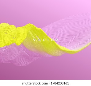 3D wavy background. Array with dynamic emitted particles. A wave formed from many spheres. Abstract vector illustration. Design template. Modern pattern.